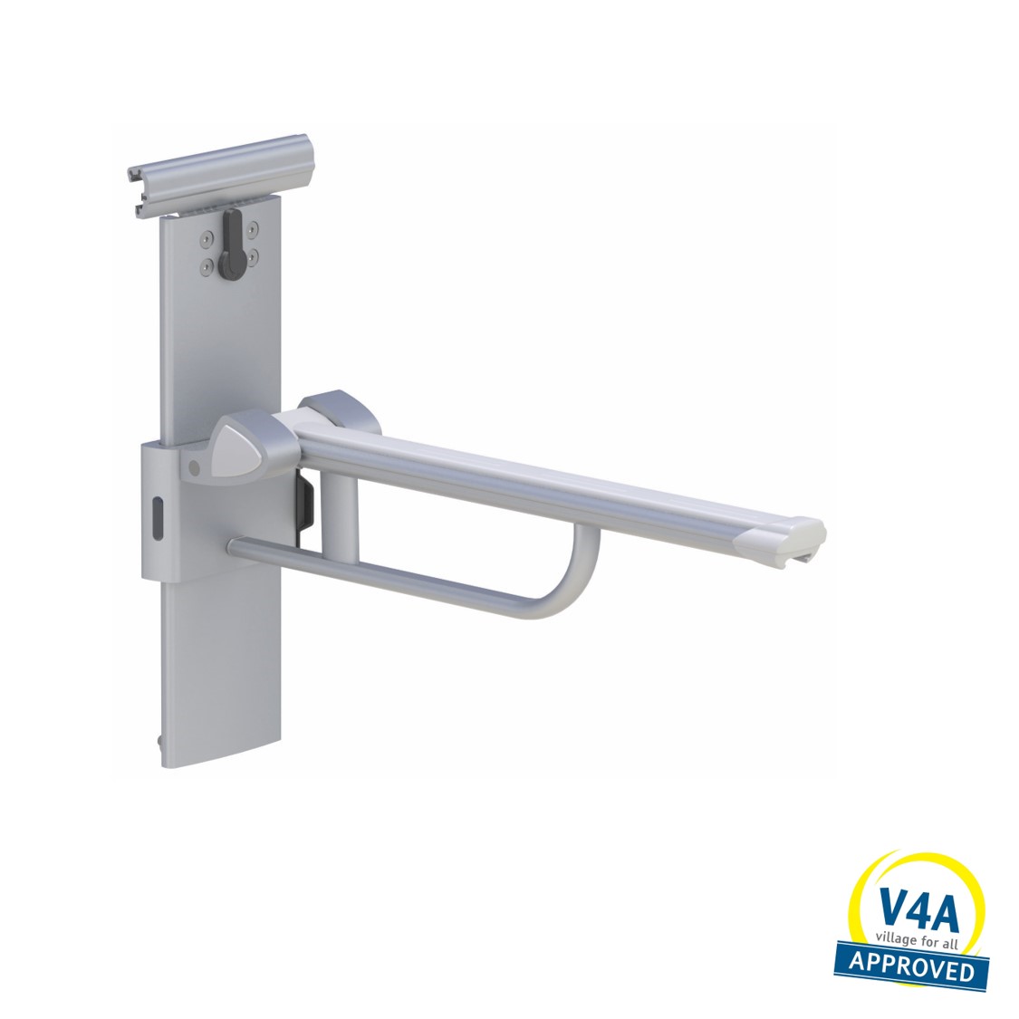 Lift-up arm support for horizontal track, height and sideways adjustable