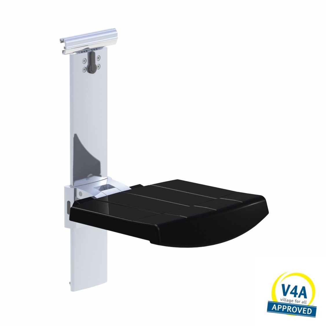 Shower seat for horizontal track height and sideways adjustable
